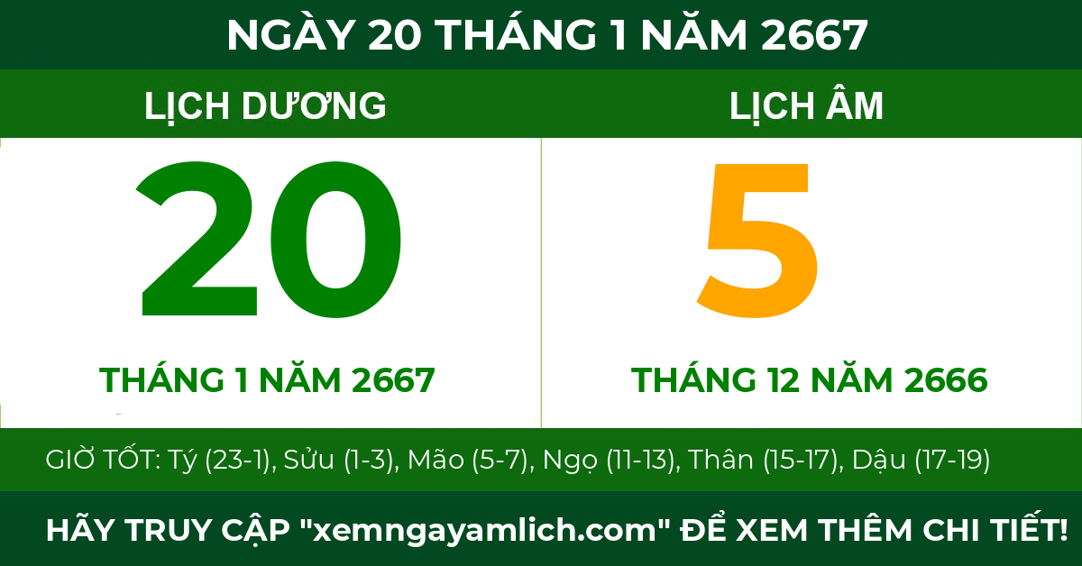 lịch âm ngày 20 tháng 1 năm 2667