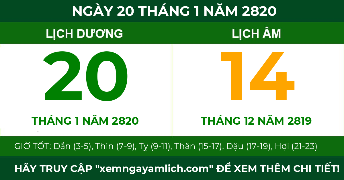 lịch âm ngày 20 tháng 1 năm 2820