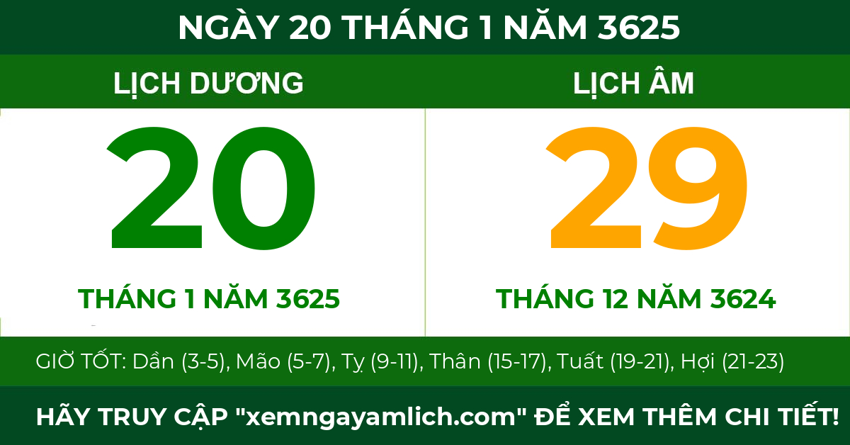 lịch âm ngày 20 tháng 1 năm 3625