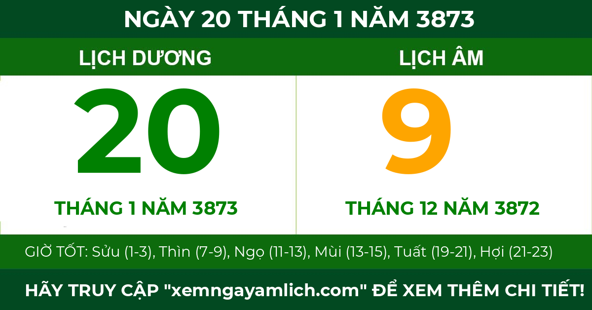 lịch âm ngày 20 tháng 1 năm 3873