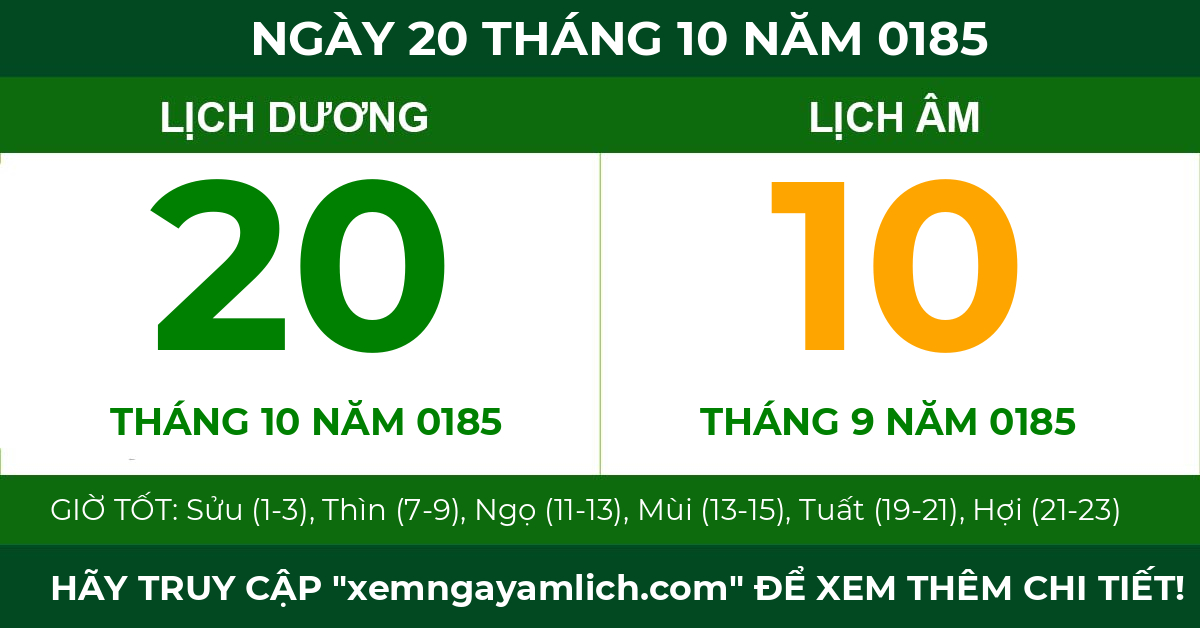 lịch âm ngày 20 tháng 10 năm 0185
