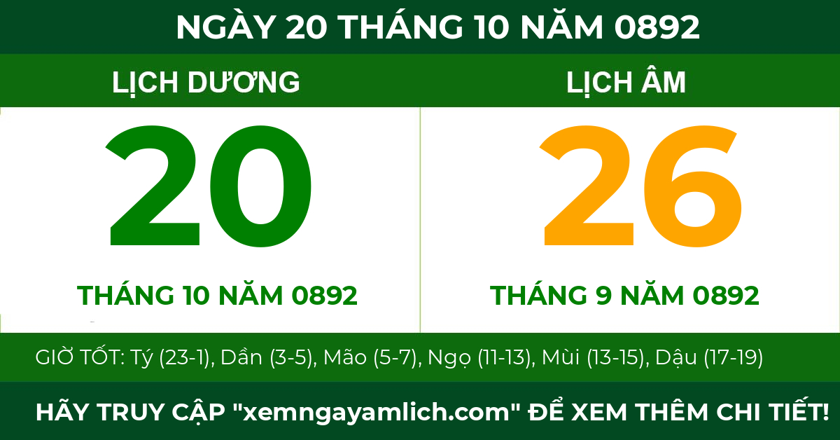 lịch âm ngày 20 tháng 10 năm 0892