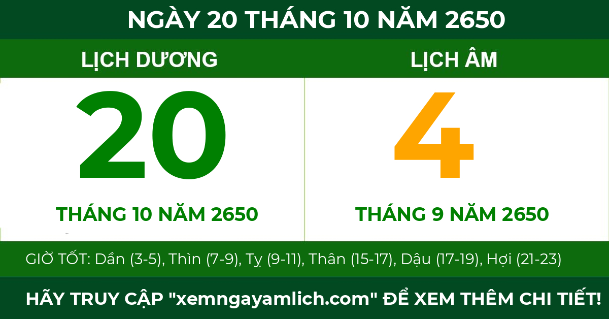 lịch âm ngày 20 tháng 10 năm 2650