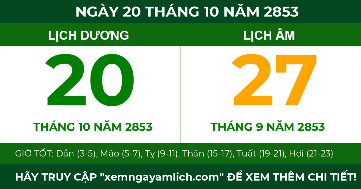 lịch âm ngày 20 tháng 10 năm 2853