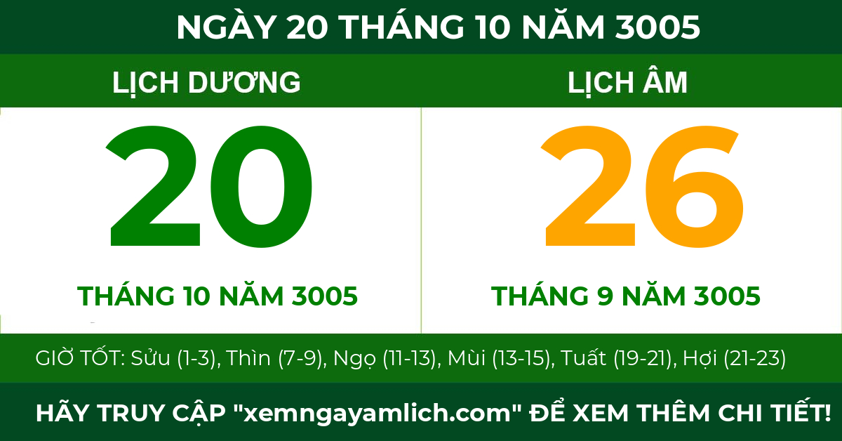 lịch âm ngày 20 tháng 10 năm 3005