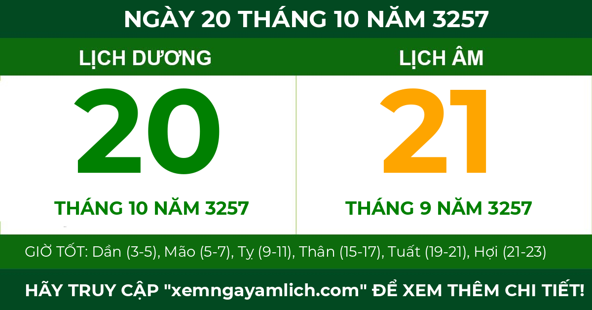 lịch âm ngày 20 tháng 10 năm 3257
