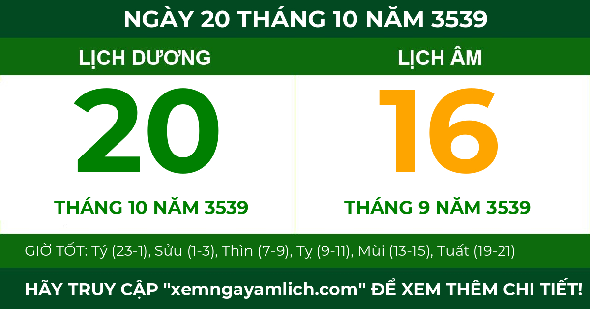 lịch âm ngày 20 tháng 10 năm 3539
