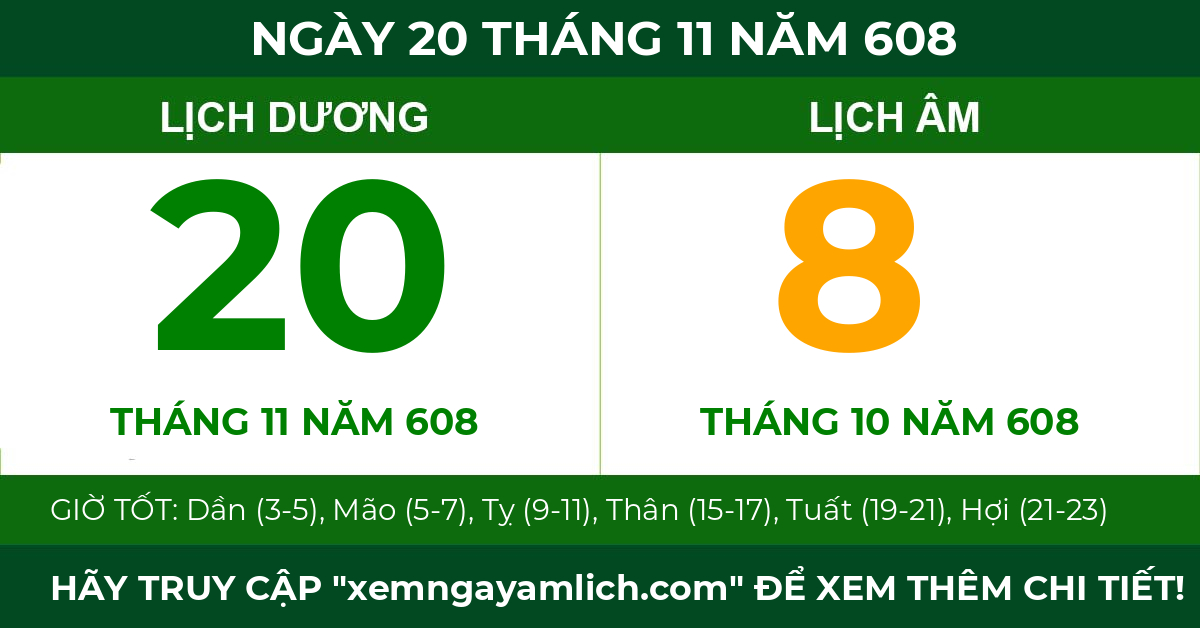 lịch âm ngày 20 tháng 11 năm 608