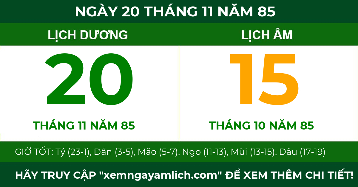 lịch âm ngày 20 tháng 11 năm 85
