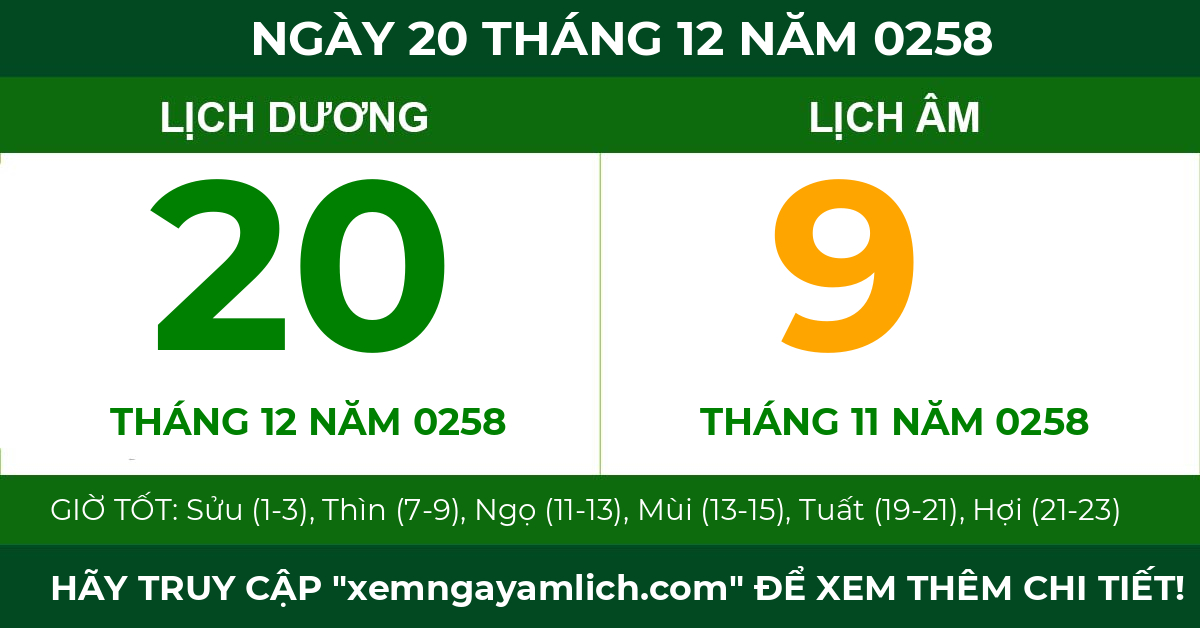 lịch âm ngày 20 tháng 12 năm 0258