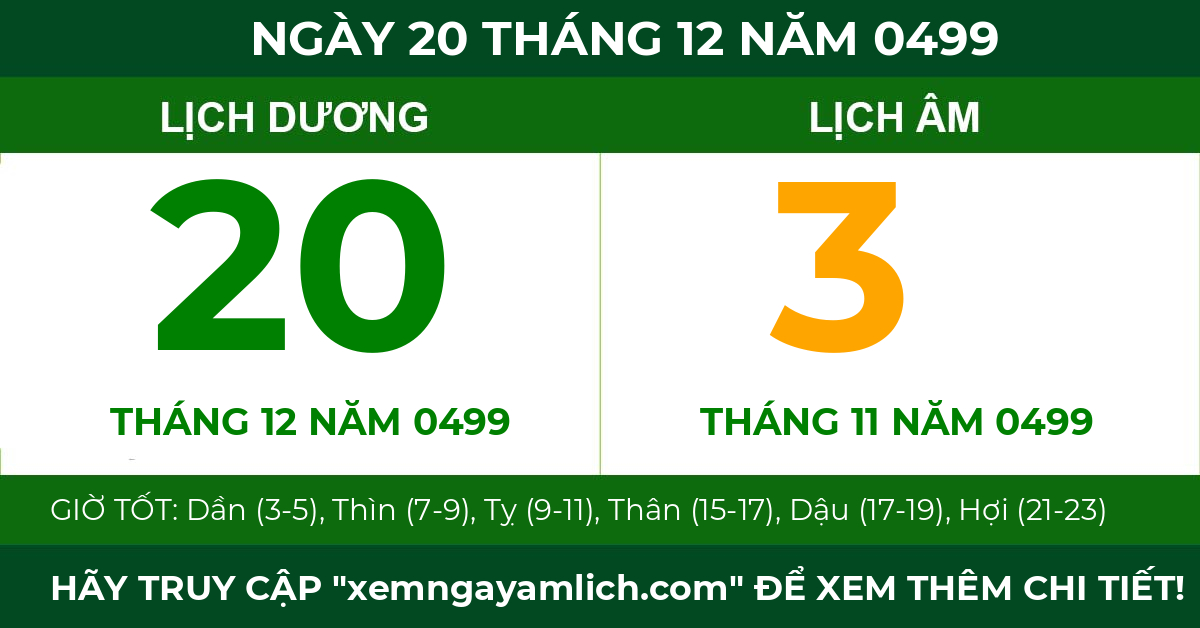 lịch âm ngày 20 tháng 12 năm 0499
