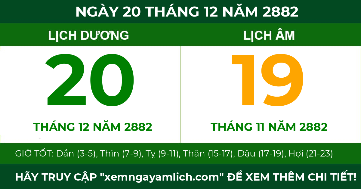 lịch âm ngày 20 tháng 12 năm 2882