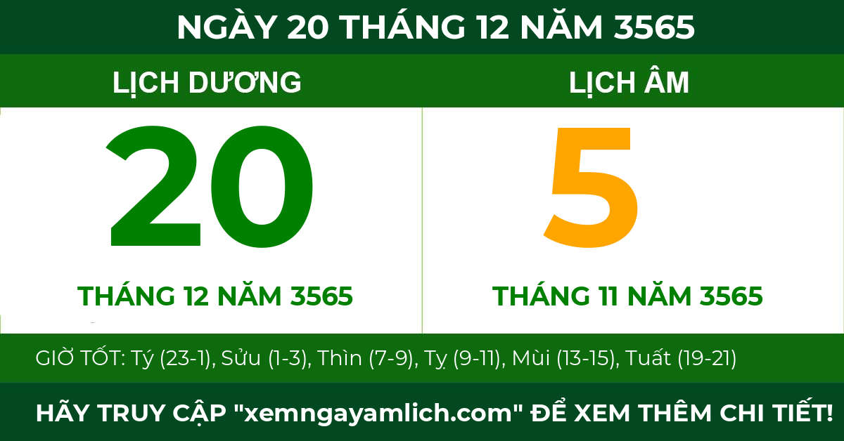 lịch âm ngày 20 tháng 12 năm 3565