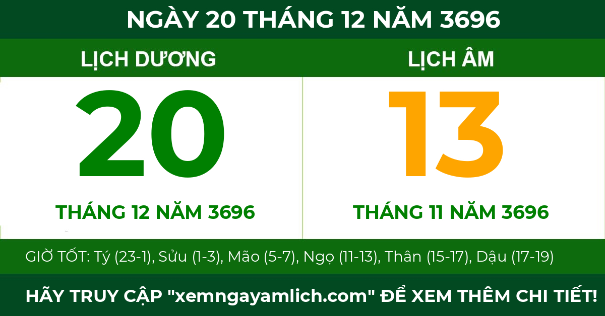 lịch âm ngày 20 tháng 12 năm 3696