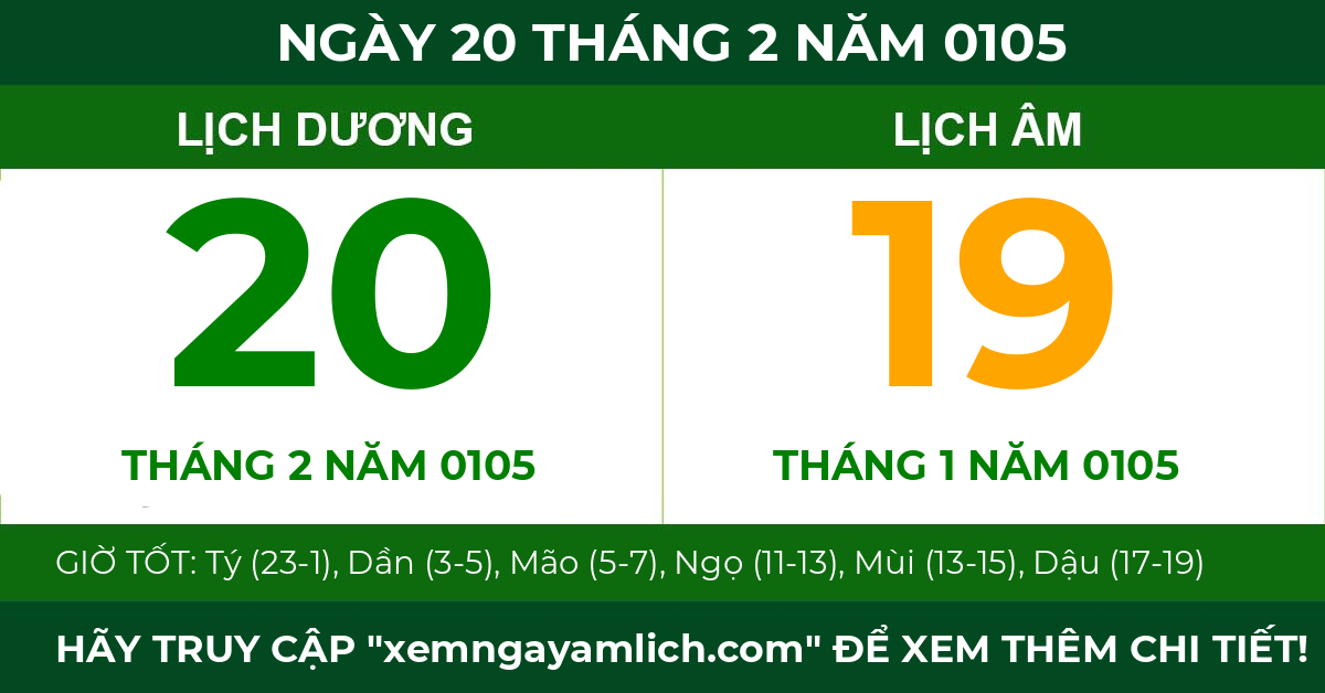 lịch âm ngày 20 tháng 2 năm 0105