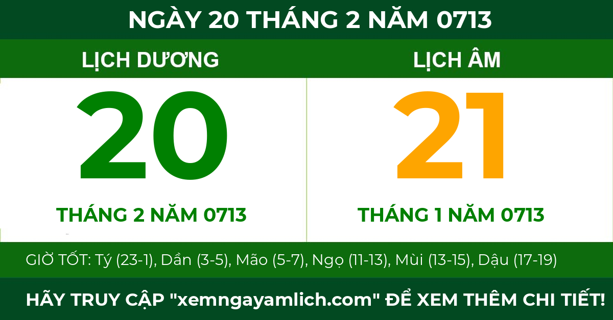lịch âm ngày 20 tháng 2 năm 0713