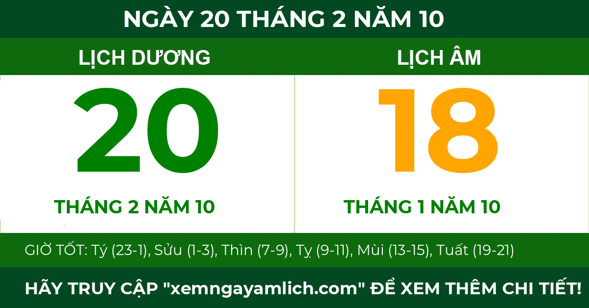 lịch âm ngày 20 tháng 2 năm 10
