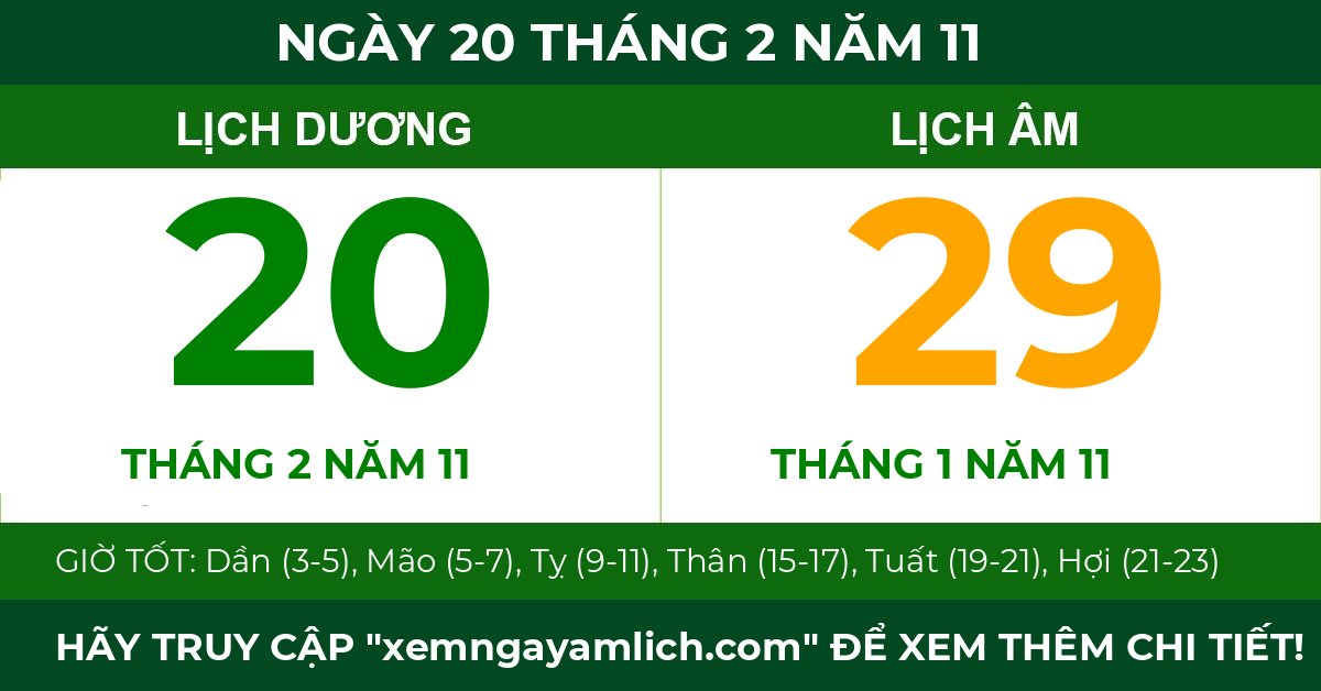 lịch âm ngày 20 tháng 2 năm 11