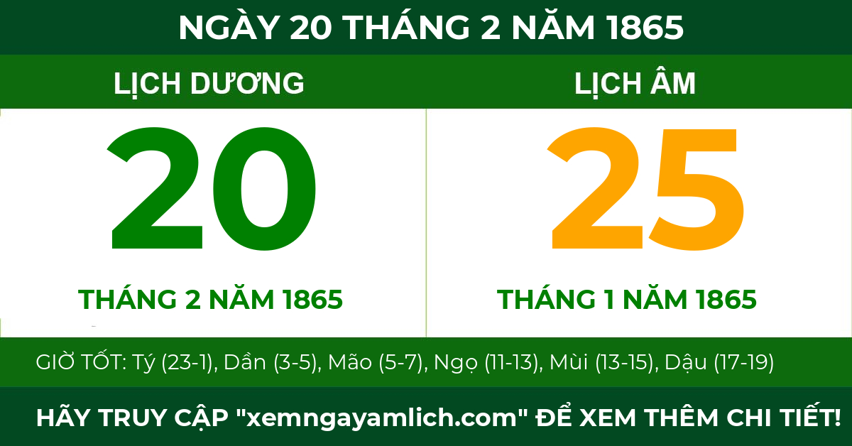 lịch âm ngày 20 tháng 2 năm 1865
