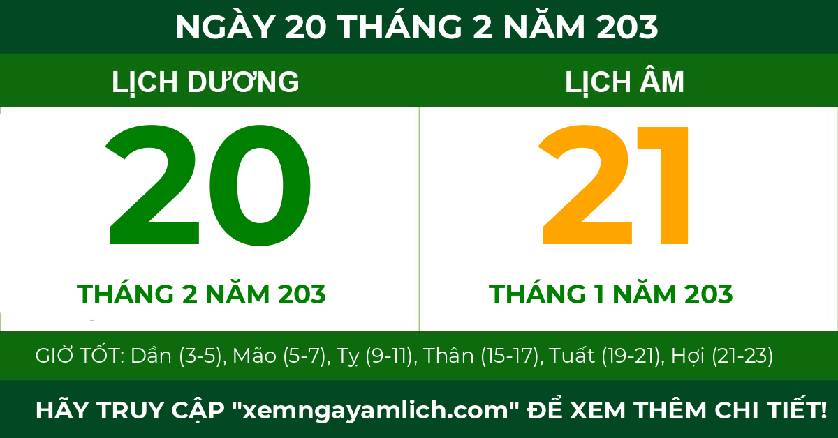 lịch âm ngày 20 tháng 2 năm 203