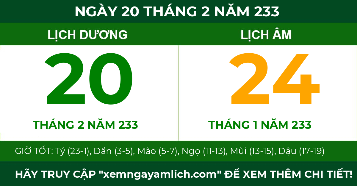 lịch âm ngày 20 tháng 2 năm 233