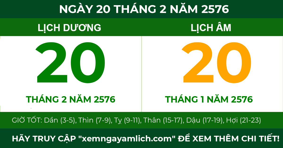 lịch âm ngày 20 tháng 2 năm 2576