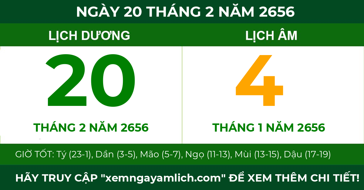 lịch âm ngày 20 tháng 2 năm 2656