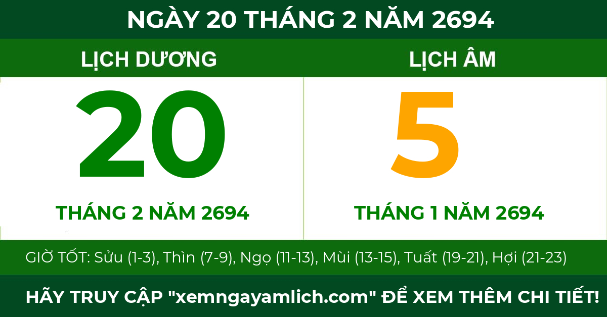 lịch âm ngày 20 tháng 2 năm 2694