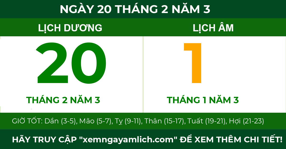 lịch âm ngày 20 tháng 2 năm 3