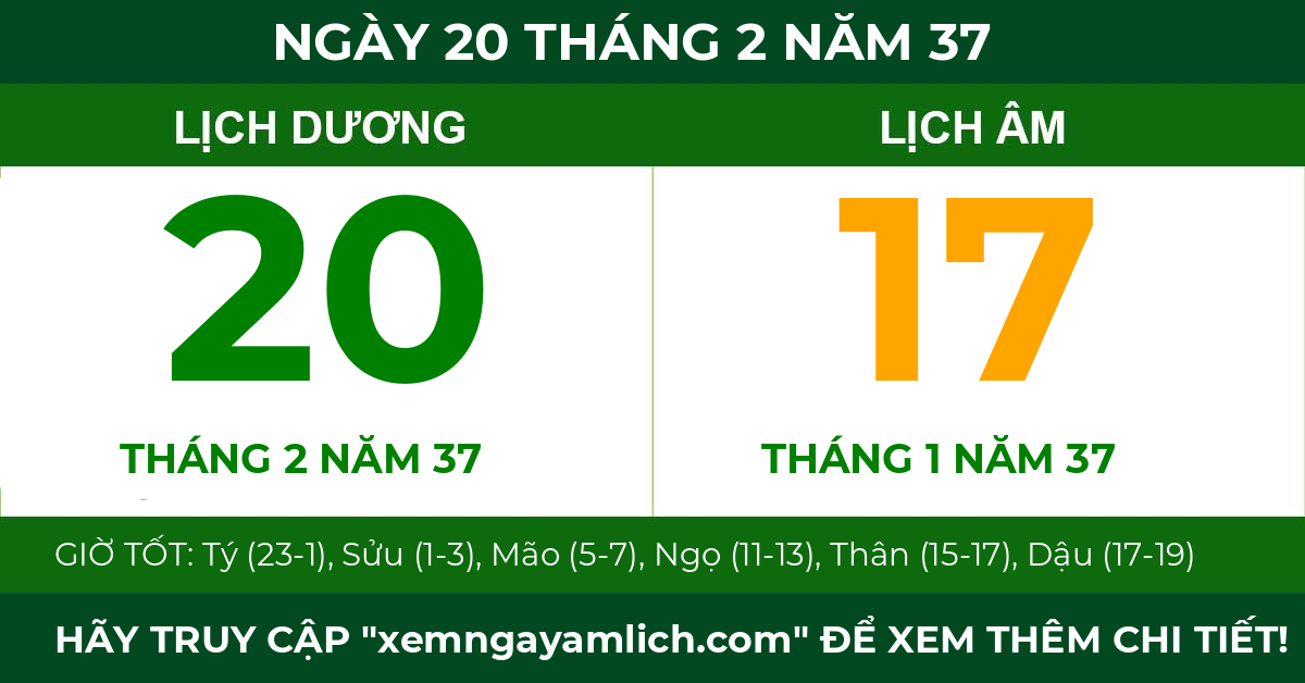 lịch âm ngày 20 tháng 2 năm 37