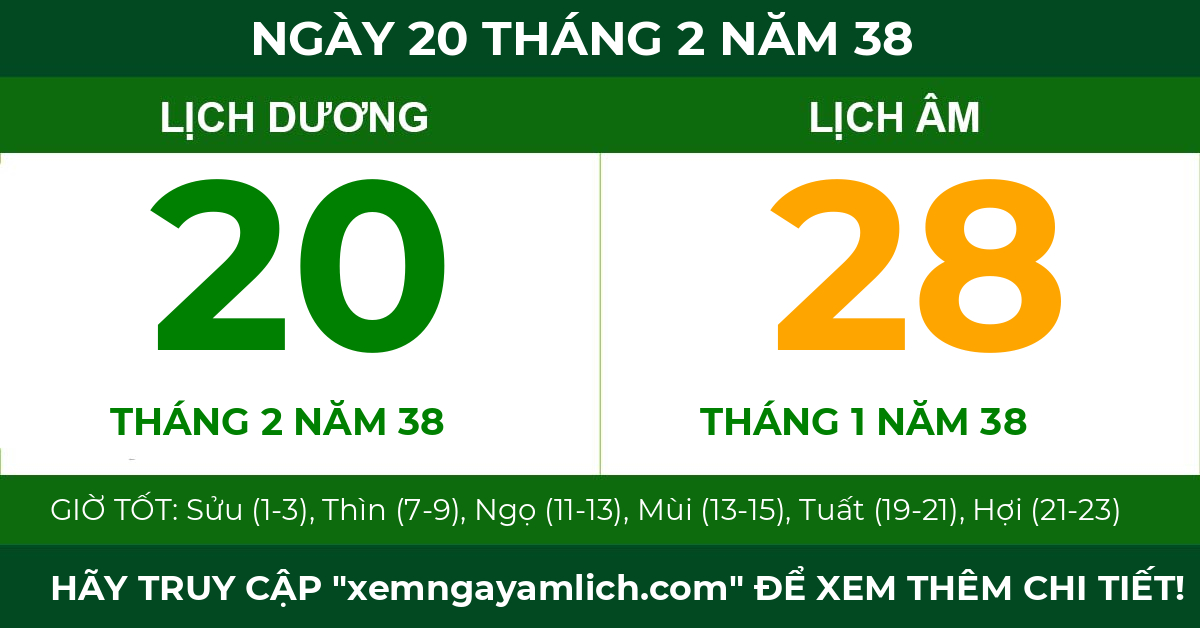 lịch âm ngày 20 tháng 2 năm 38