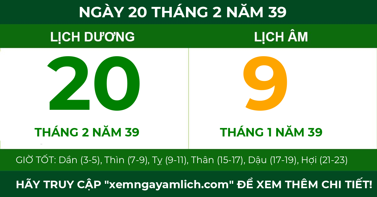 lịch âm ngày 20 tháng 2 năm 39
