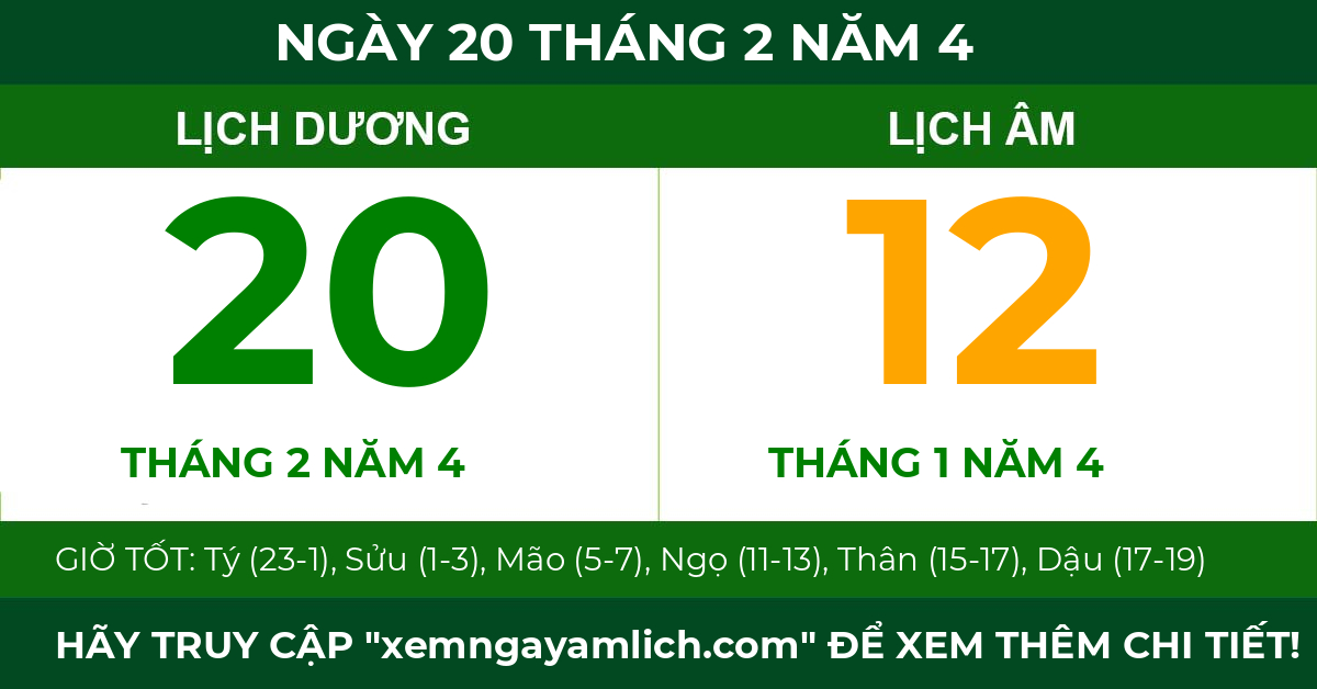 lịch âm ngày 20 tháng 2 năm 4
