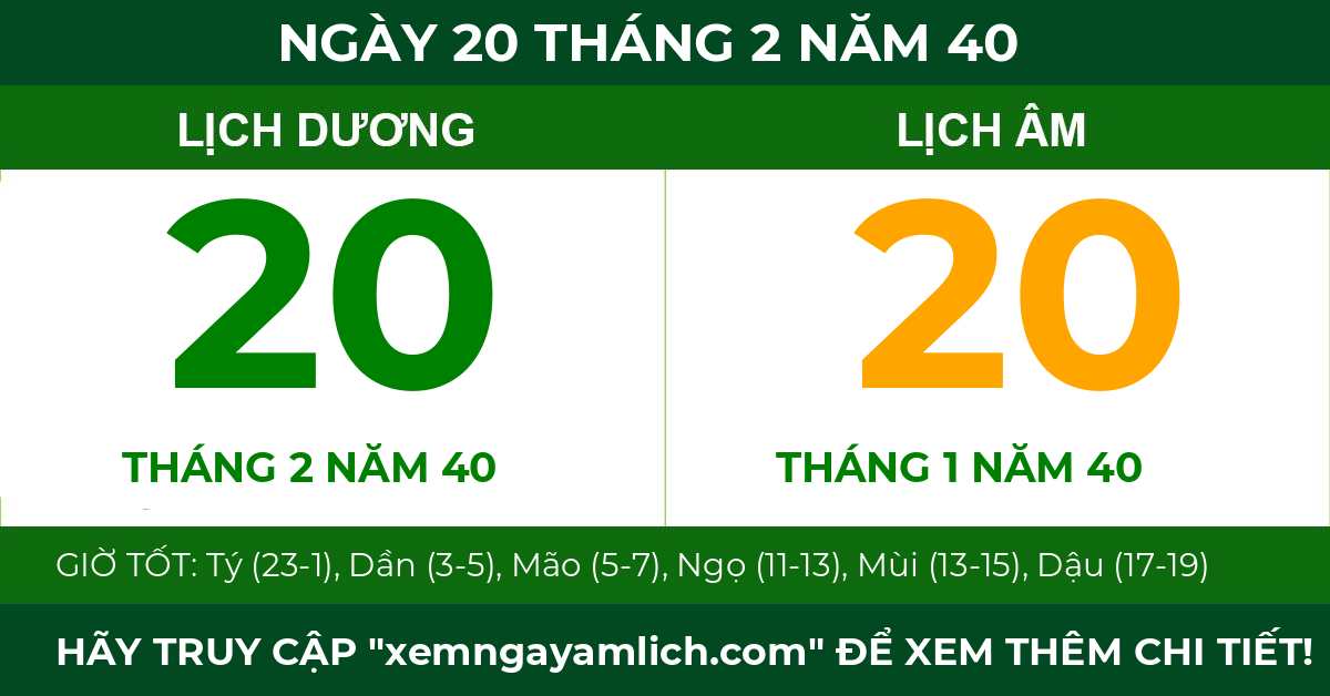 lịch âm ngày 20 tháng 2 năm 40