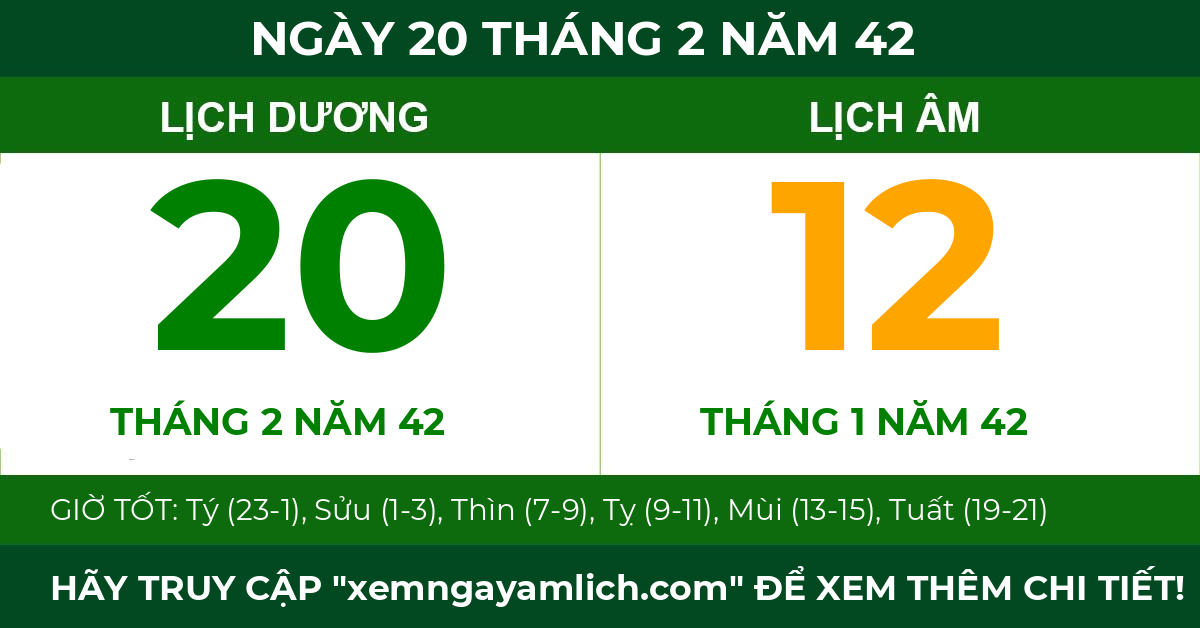 lịch âm ngày 20 tháng 2 năm 42