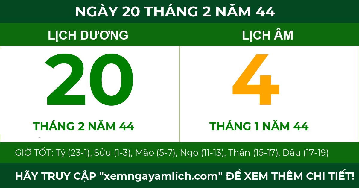 lịch âm ngày 20 tháng 2 năm 44