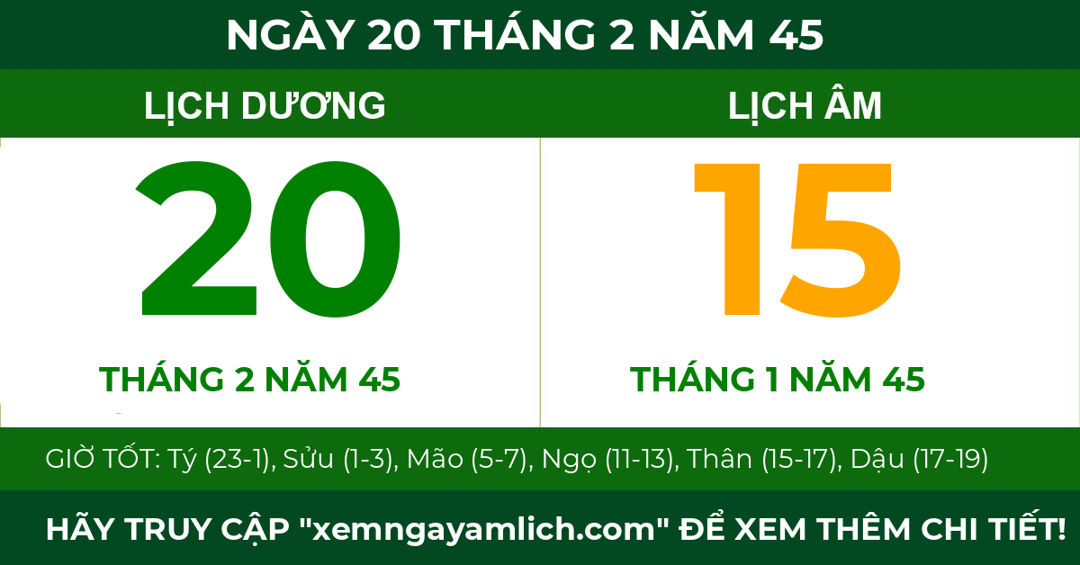 lịch âm ngày 20 tháng 2 năm 45