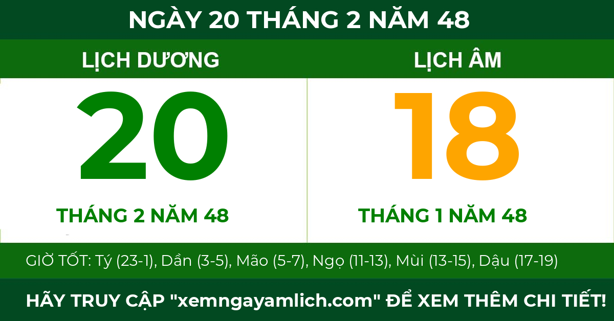 lịch âm ngày 20 tháng 2 năm 48