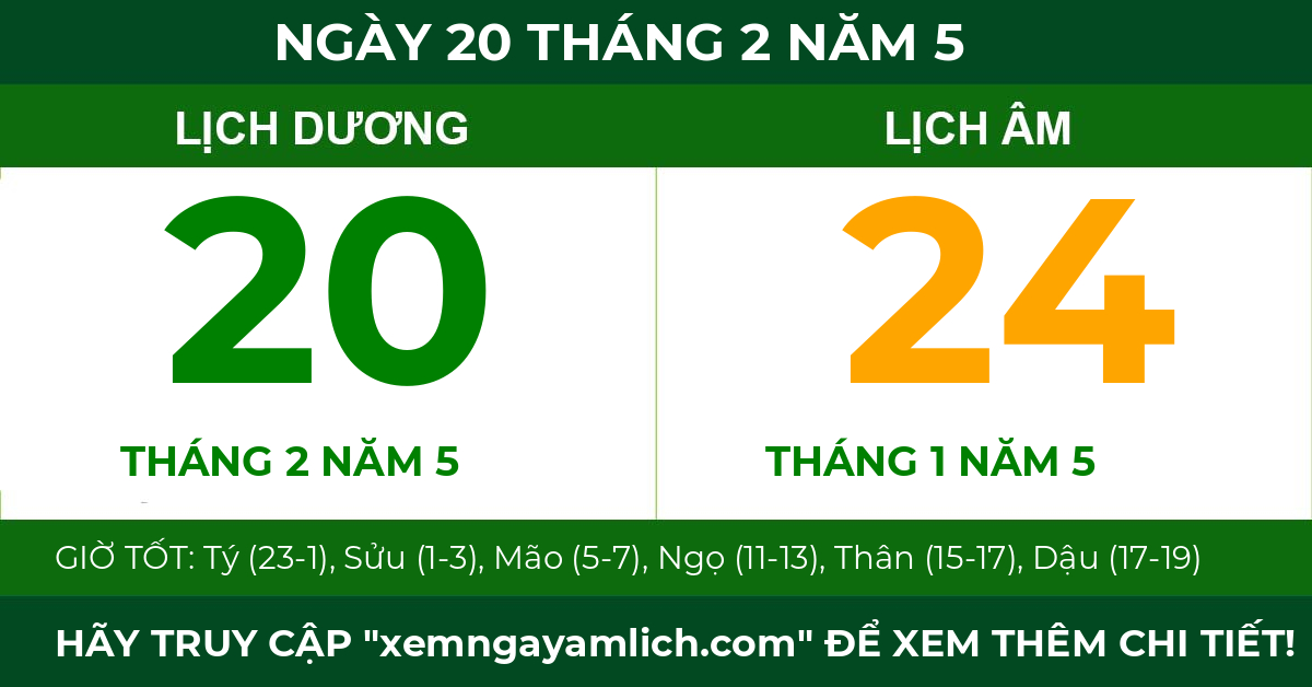lịch âm ngày 20 tháng 2 năm 5