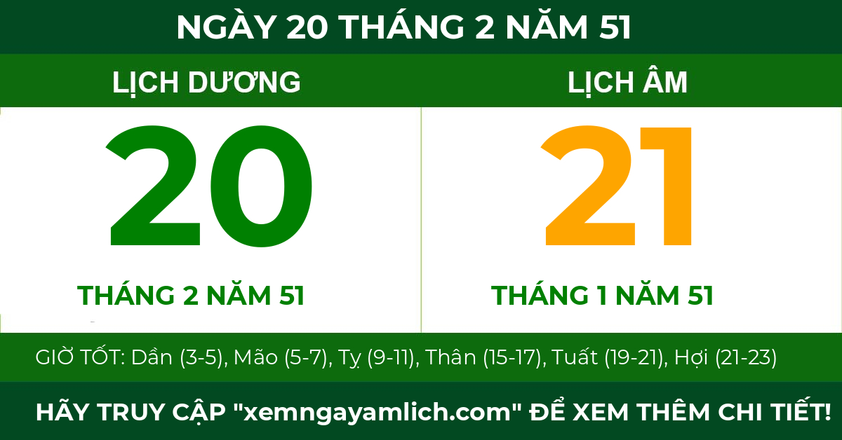 lịch âm ngày 20 tháng 2 năm 51
