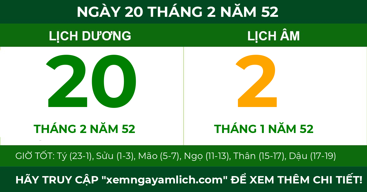 lịch âm ngày 20 tháng 2 năm 52