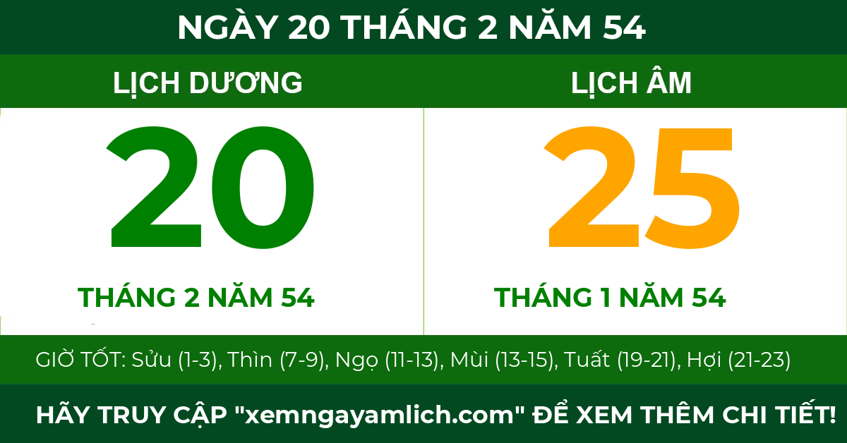 lịch âm ngày 20 tháng 2 năm 54