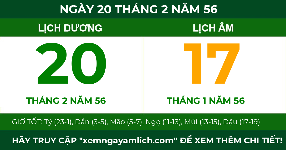lịch âm ngày 20 tháng 2 năm 56