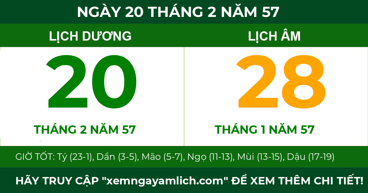 lịch âm ngày 20 tháng 2 năm 57