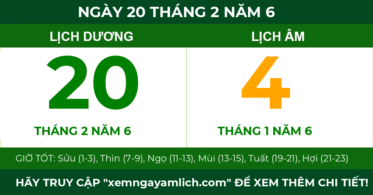 lịch âm ngày 20 tháng 2 năm 6