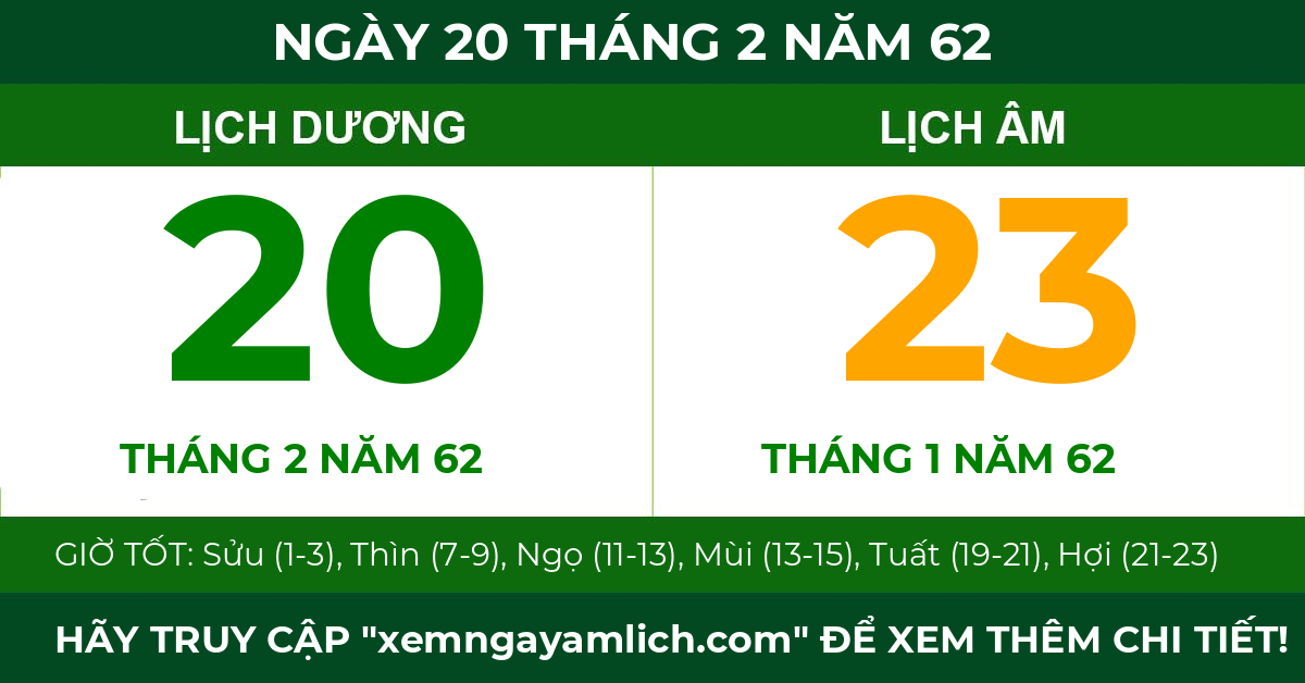lịch âm ngày 20 tháng 2 năm 62