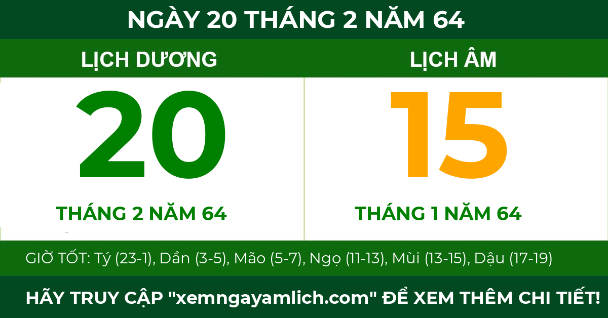 lịch âm ngày 20 tháng 2 năm 64