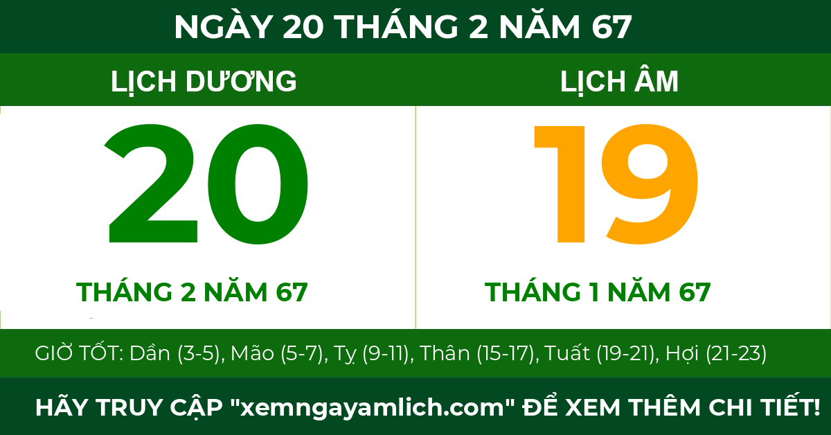 lịch âm ngày 20 tháng 2 năm 67