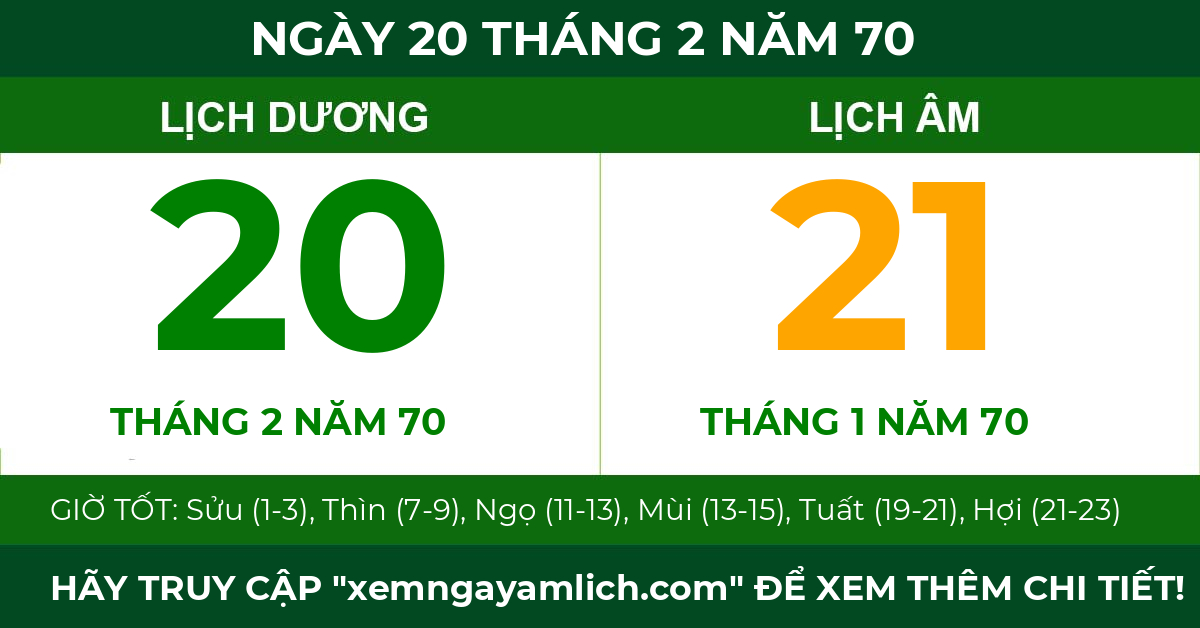 lịch âm ngày 20 tháng 2 năm 70
