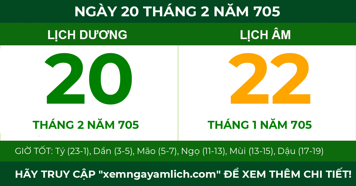 lịch âm ngày 20 tháng 2 năm 705